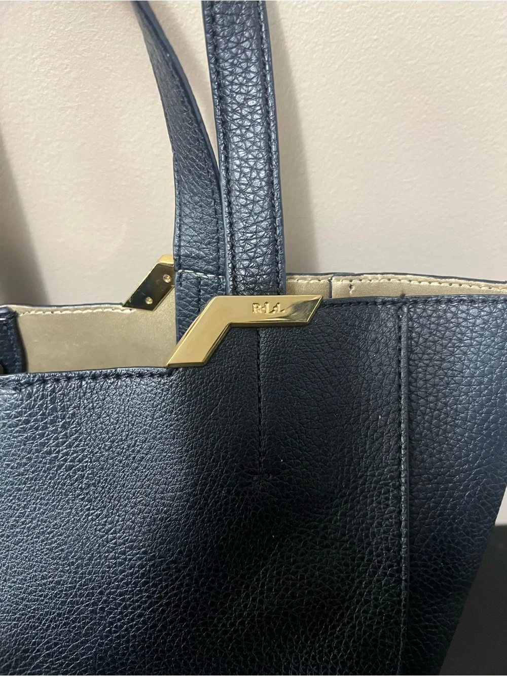Lauren Ralph Lauren Arcadia Black Pebbled Leather Tote with Gold Accents